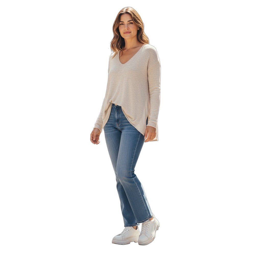 Margaret O'Leary Cashmere Blend V-Neck Sweater Cream High Low Side Slits M